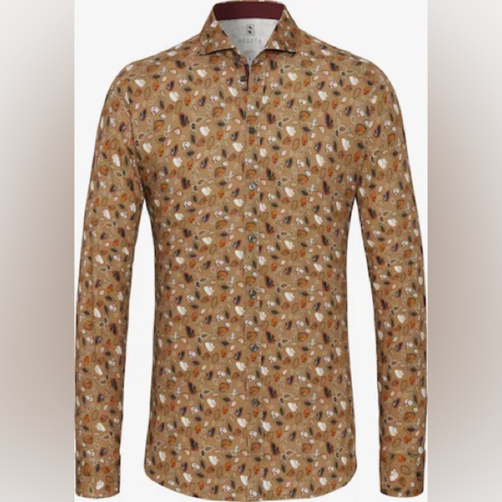 DESOTO Slim fit Button Up Shirt leaf print size large brown printed preppy NWT